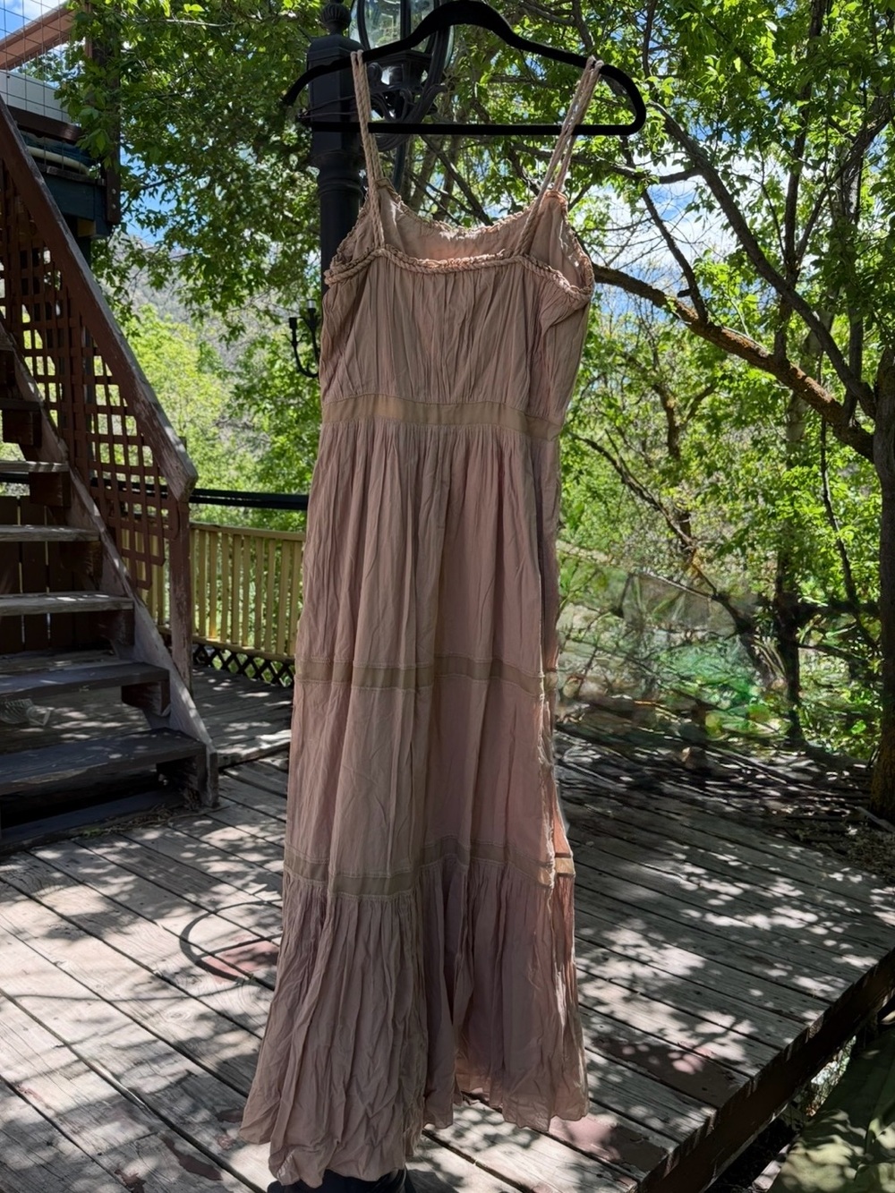 ALBERTA FERRETTI Cotton Tiered Maxi Dress Taupe Empire Waist Sz 8 Lined Flowy - Picture 2 of 9